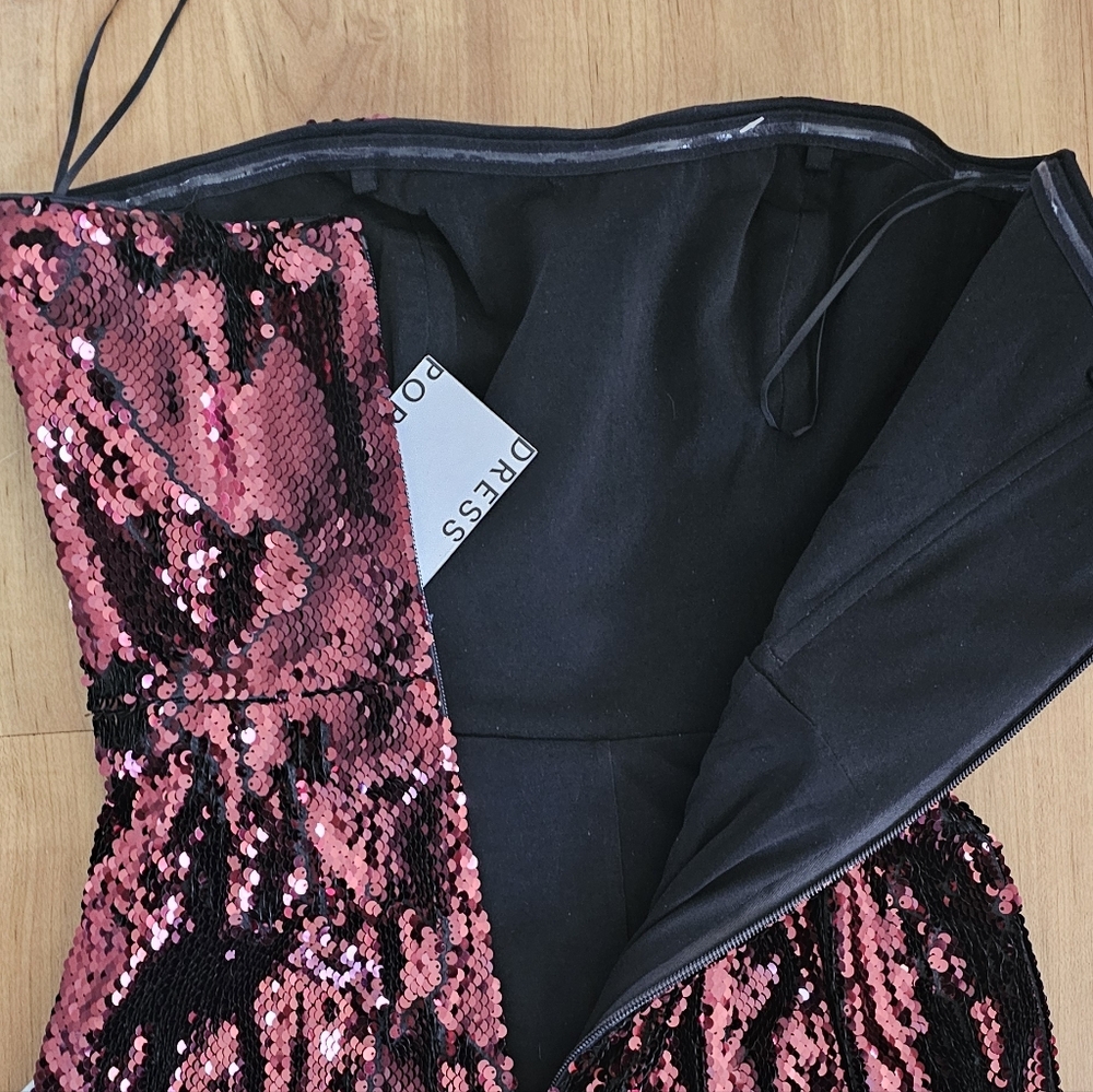 NWT Dress the Population Andy Sequin Jumpsuit Burgundy Strapless Wide Leg S - Picture 6 of 9